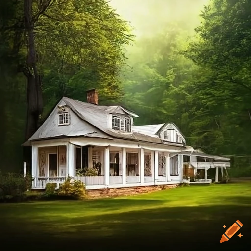 Hyper realistic farm house with a white porch swing and view of a beautiful lake