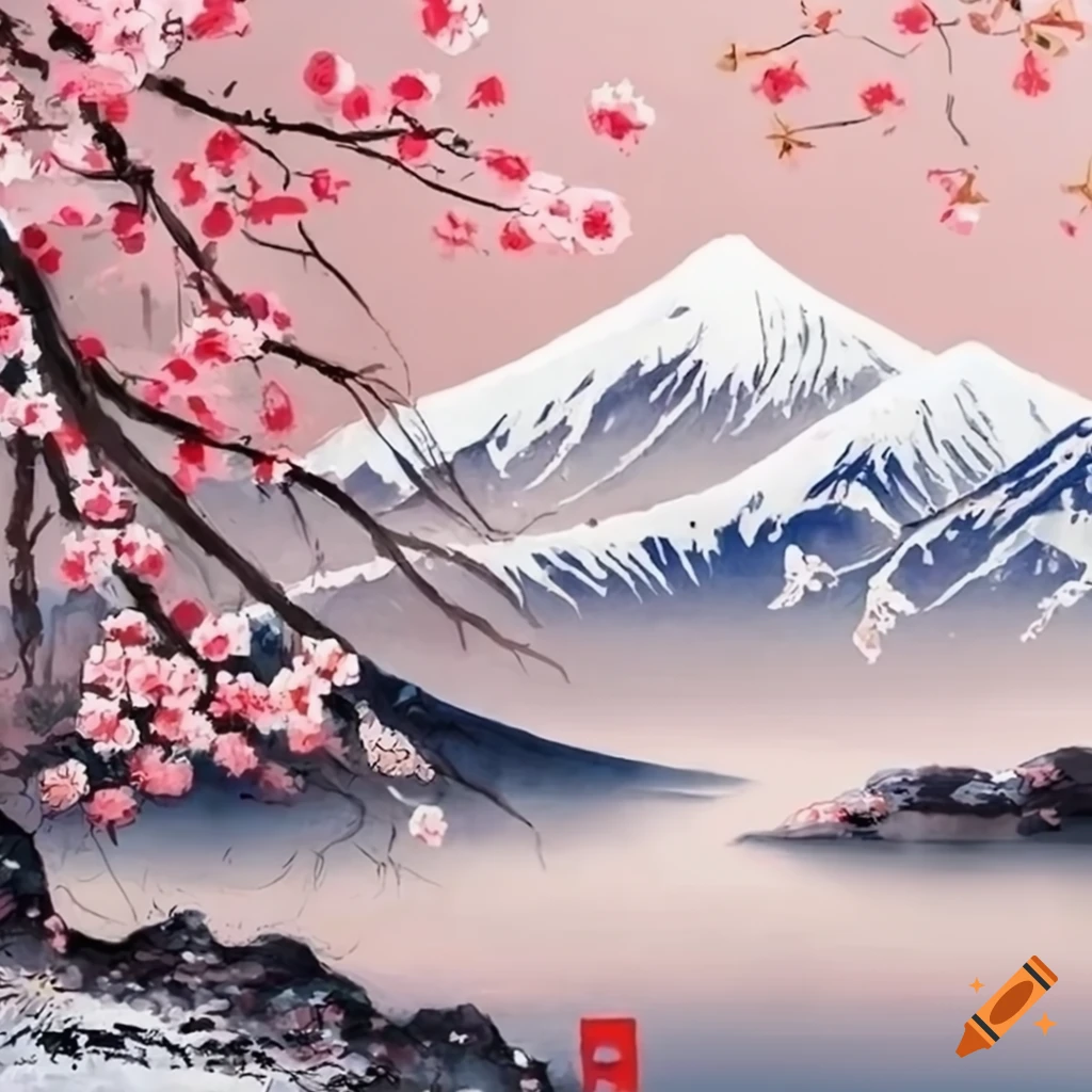 Japanese painting of snowy mountains and cherry blossom