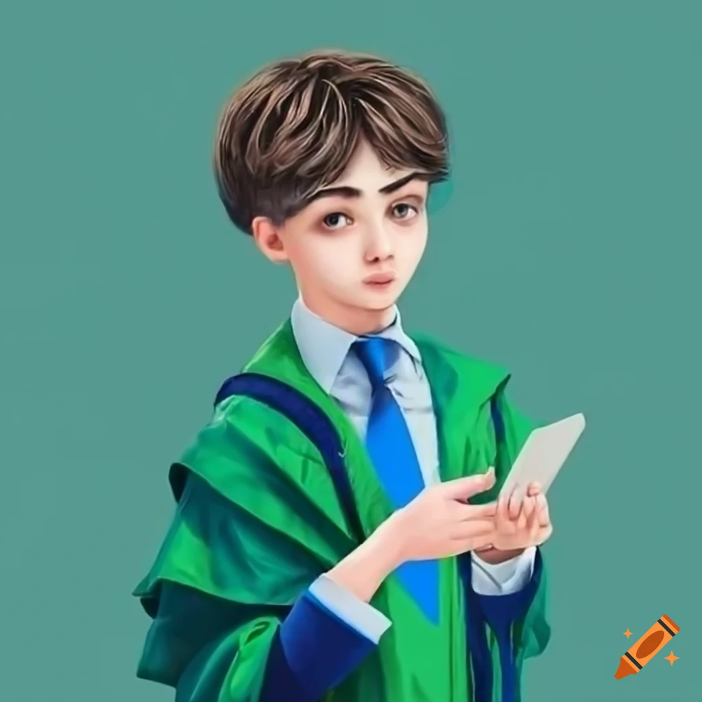 Man wearing bluegreen magic school student uniform with geometric