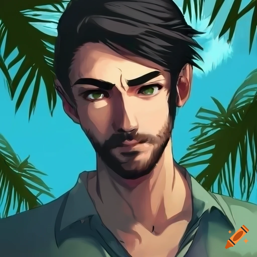 30-year-old man with short wavy hair and beard, wearing a linen shirt in front of a tropical landscape, anime style portrait