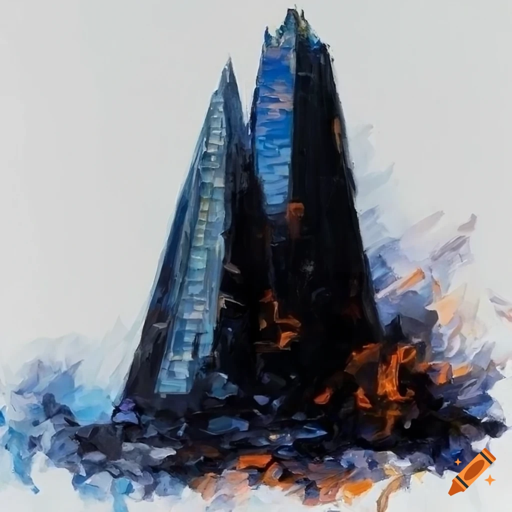 Oil painting of a black crystal shard with hues of orange, against a white background
