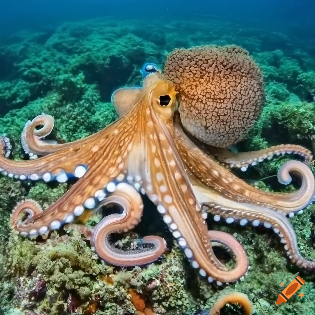 Huge octopus amidst detailed corals under the sea
