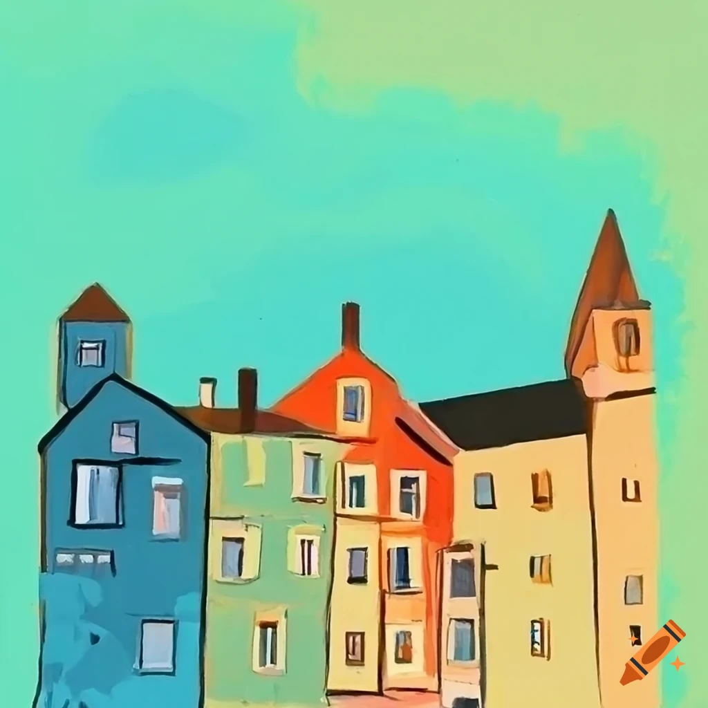 European small town rooftops in blue and green abstract minimalist ...