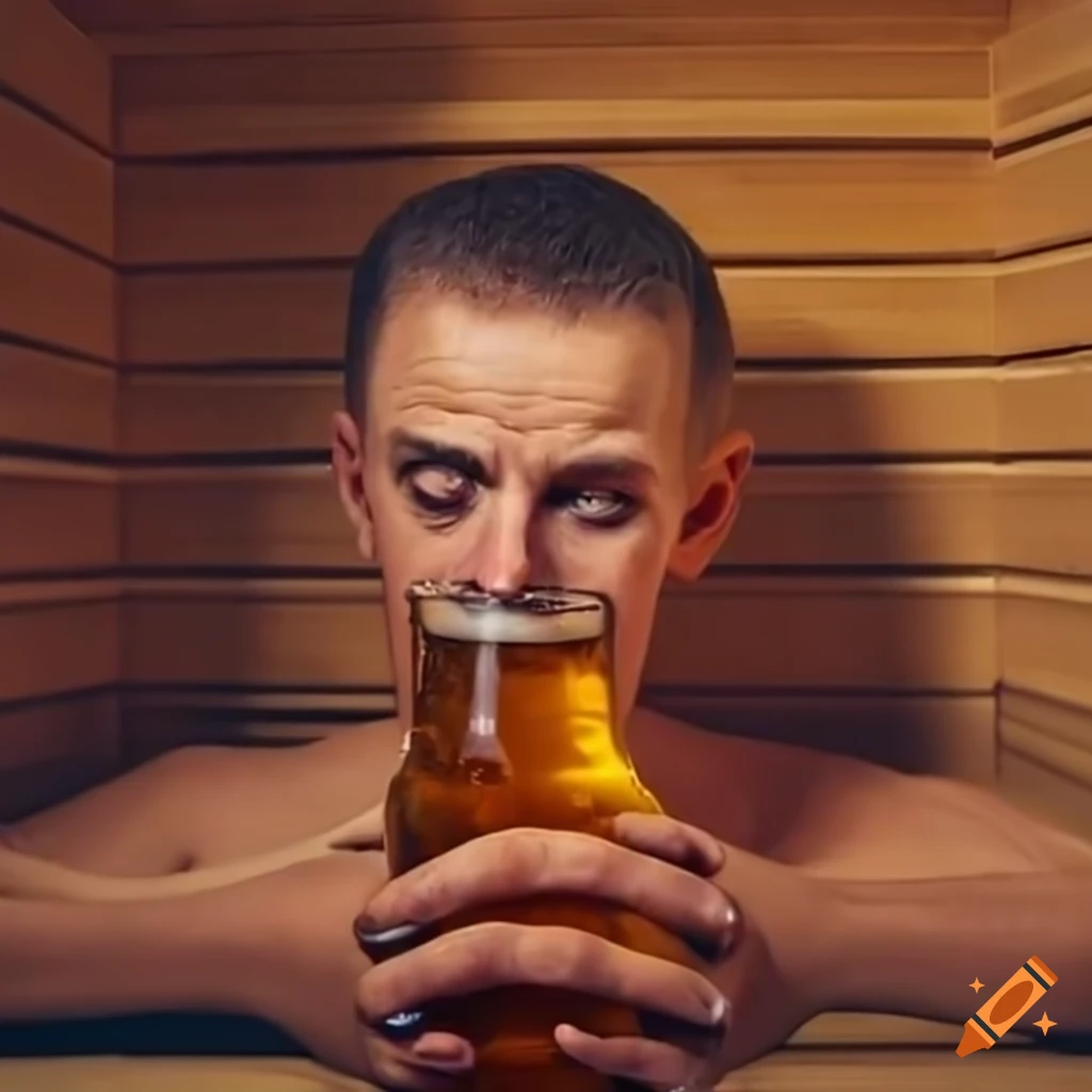 Man enjoying beer in a sauna with multiple arms in a surreal artwork