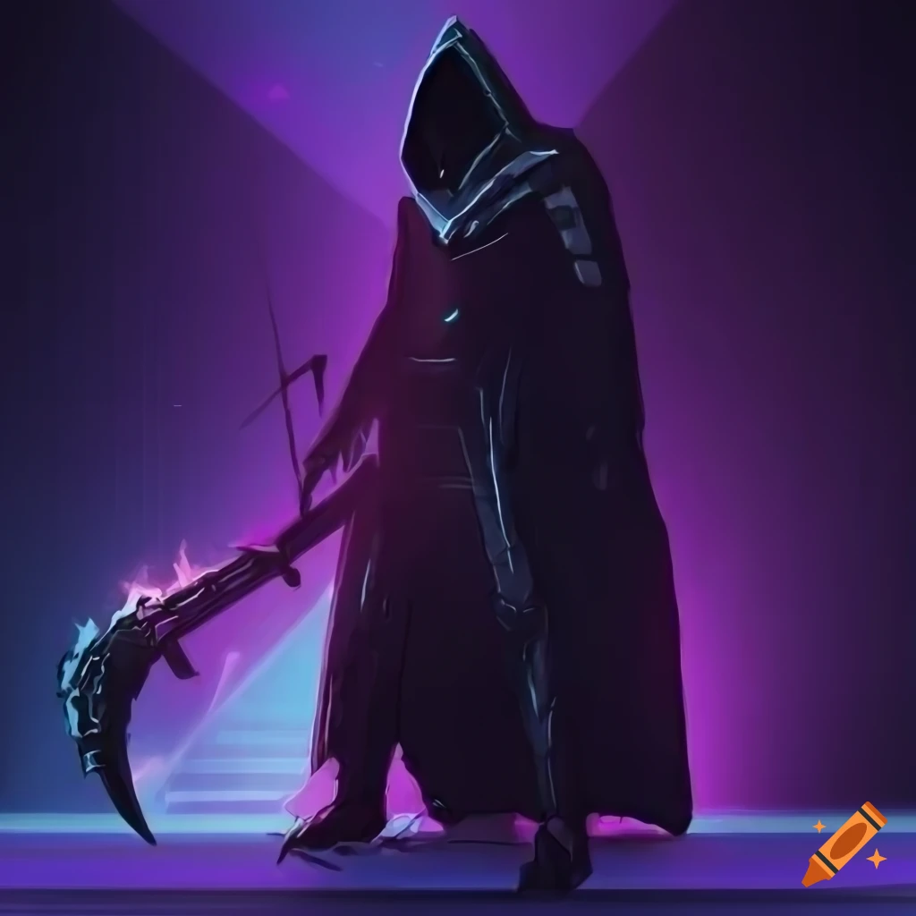 Knight with 2h scythe in a retrowave synthwave cyberpunk style