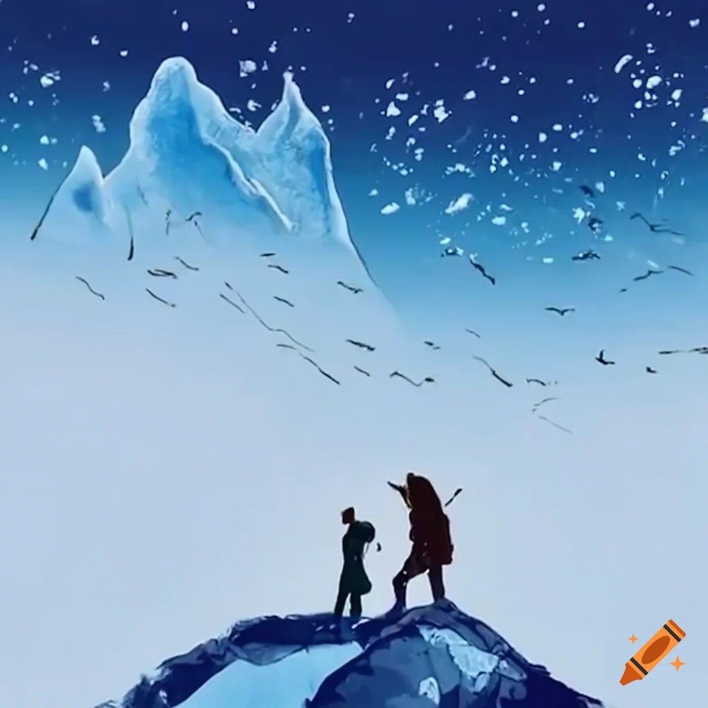 Couple climbing snowy wilderness and ice formations