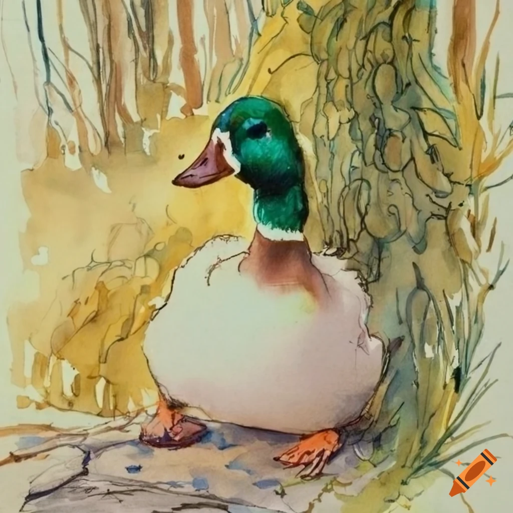 Duck watercolor and ink sketch in the style of Carl Larsson