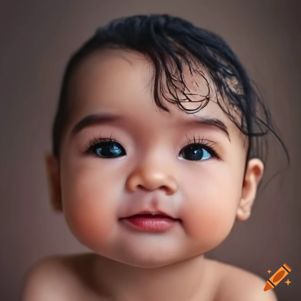 Baby girl with black wavy hair, dark brown almond eyes, and bow lips on