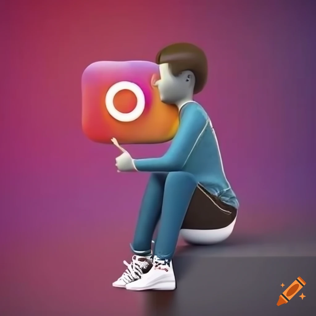 3D illustration of an animated character sitting on the Instagram logo