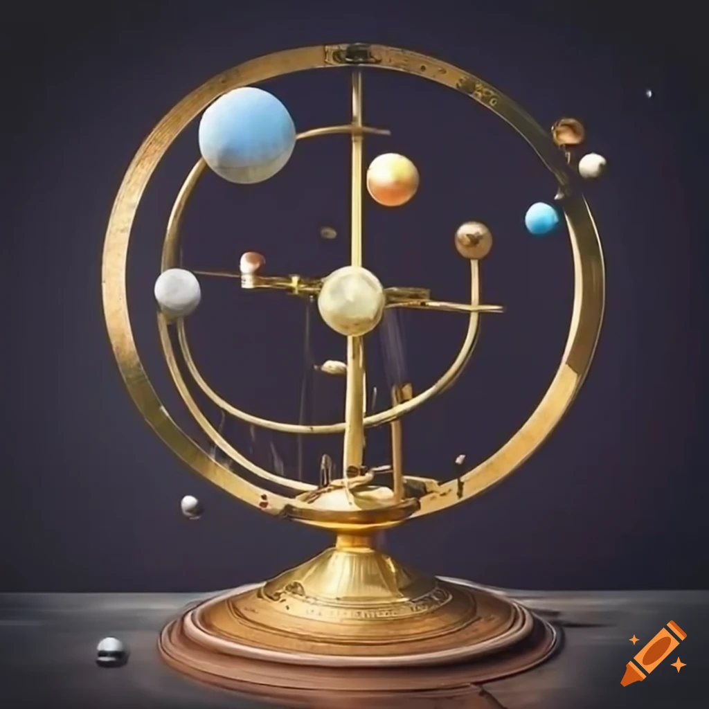 Scientist studying a brass orrery of the solar system in a mysterious setting