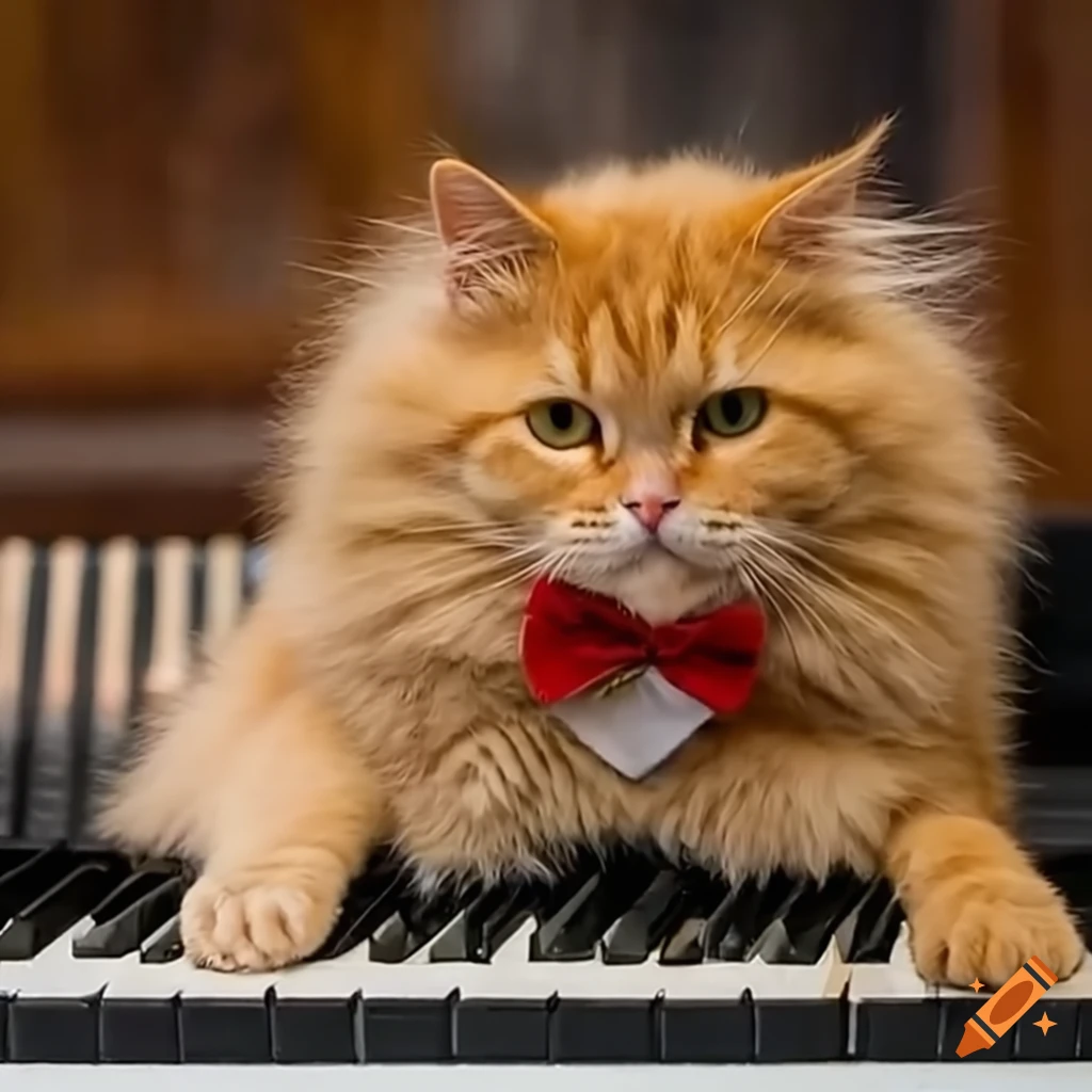 Fluffy orange cat with a bow tie playing on a piano