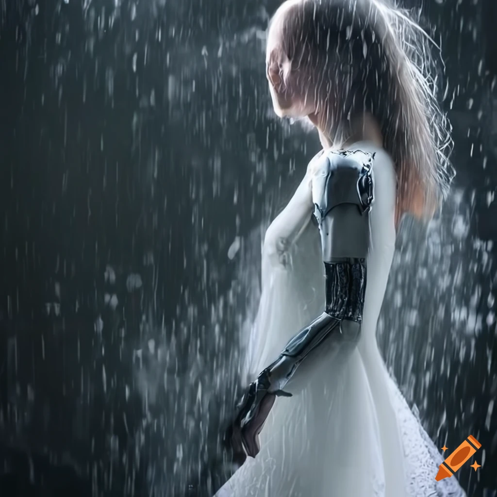 Cyborg female in the rain wearing a white dress in a sci-fi setting on ...