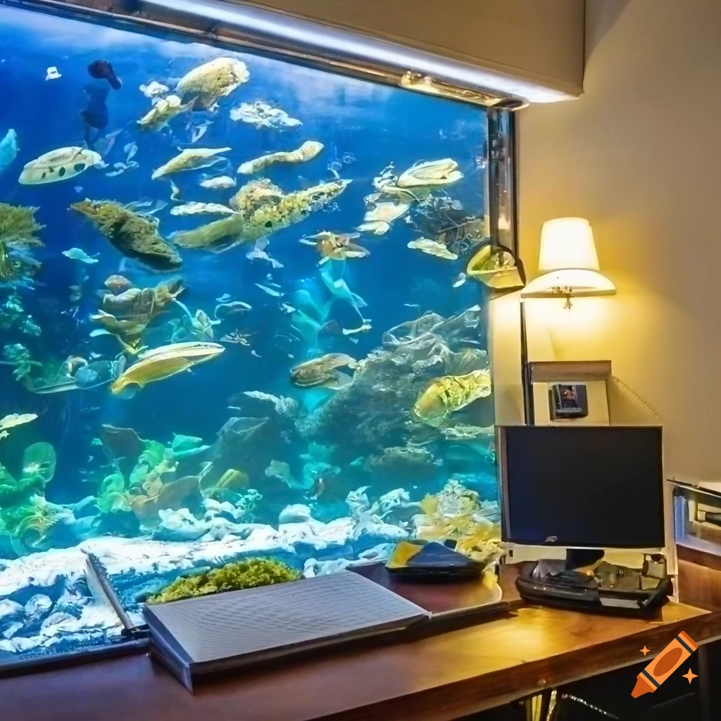 Room with desk and a huge aquarium as a wall on Craiyon