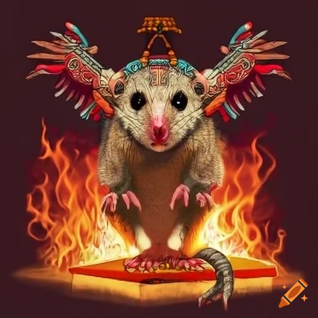 Aztec god possum with a flaming tail on Craiyon