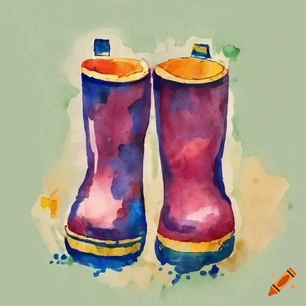 Two pairs of children's rubber boots on a door mat in front of a door, watercolor painting