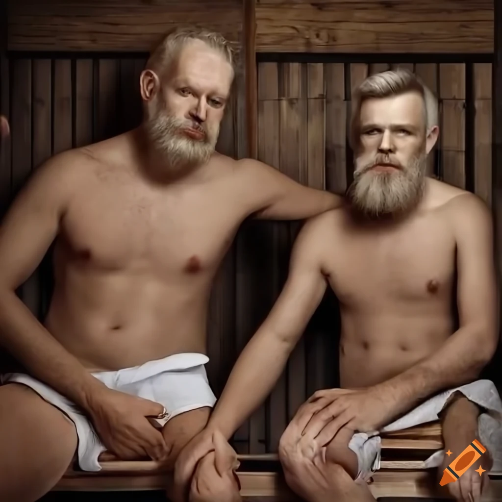 Two strong Finnish men in a dark wooden sauna