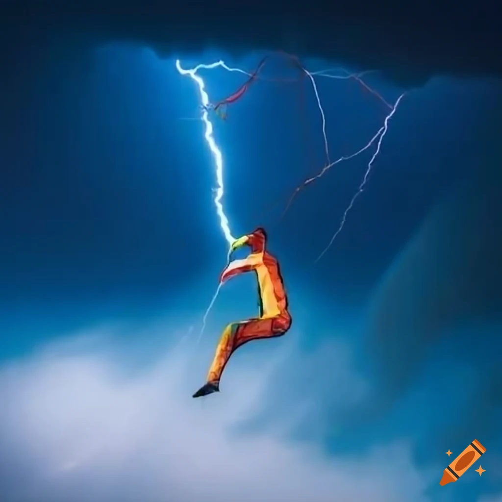 Batteryman flying a kite during a thunderstorm on Craiyon