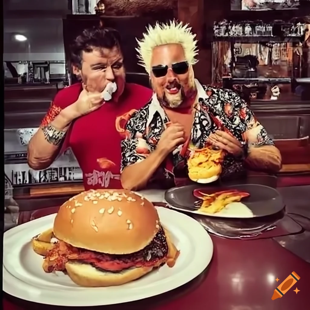 Celebrity chef enjoying a large roast beef burger with bacon and fries on Craiyon