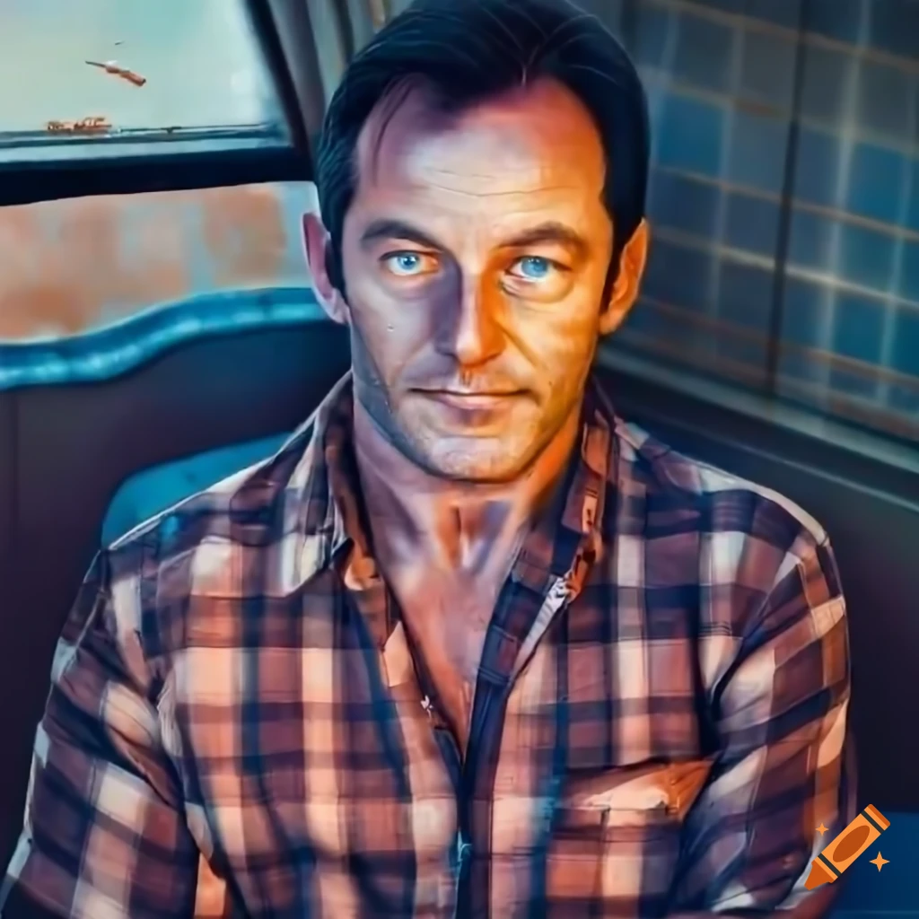 High-angle view of a man in orange plaid shirt and black leather trousers sitting in a caravan and looking out of window
