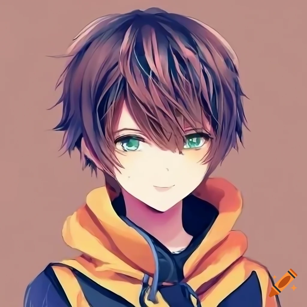 Cute anime boy with wavy short brown hair in a navy hoodie on Craiyon