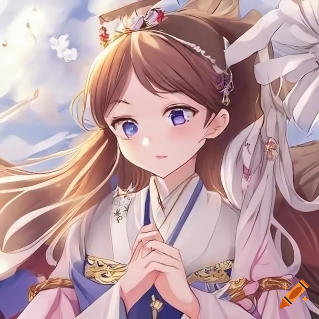 Anime gentle princess in traditional attire exuding warmth and charm