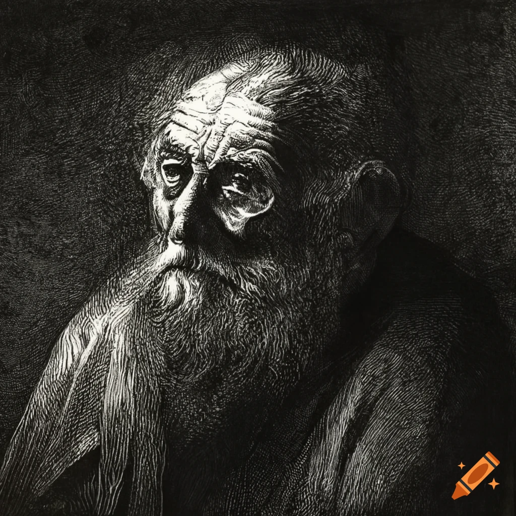 Etching of a vigilant old man in black and white