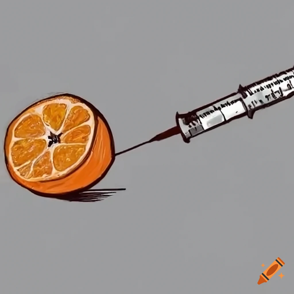 Syringe stuck into an orange in a minimalist style