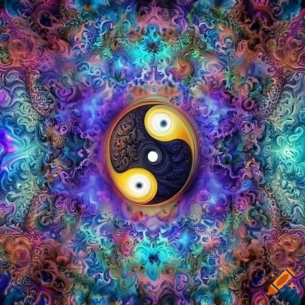 Radiant and mystical yin yang symbol inspired by Alex Grey's ethereal style