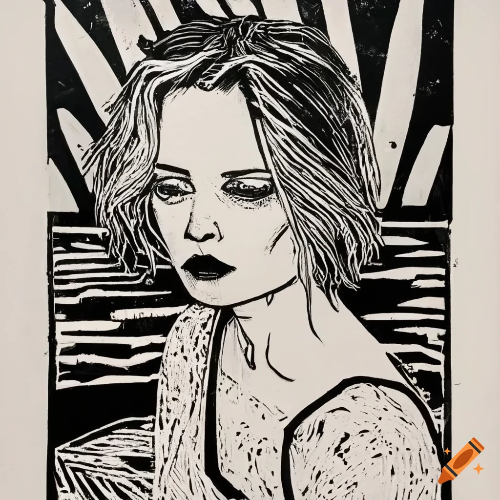Black and white linocut woodcut of twin peaks' laura palmer on Craiyon
