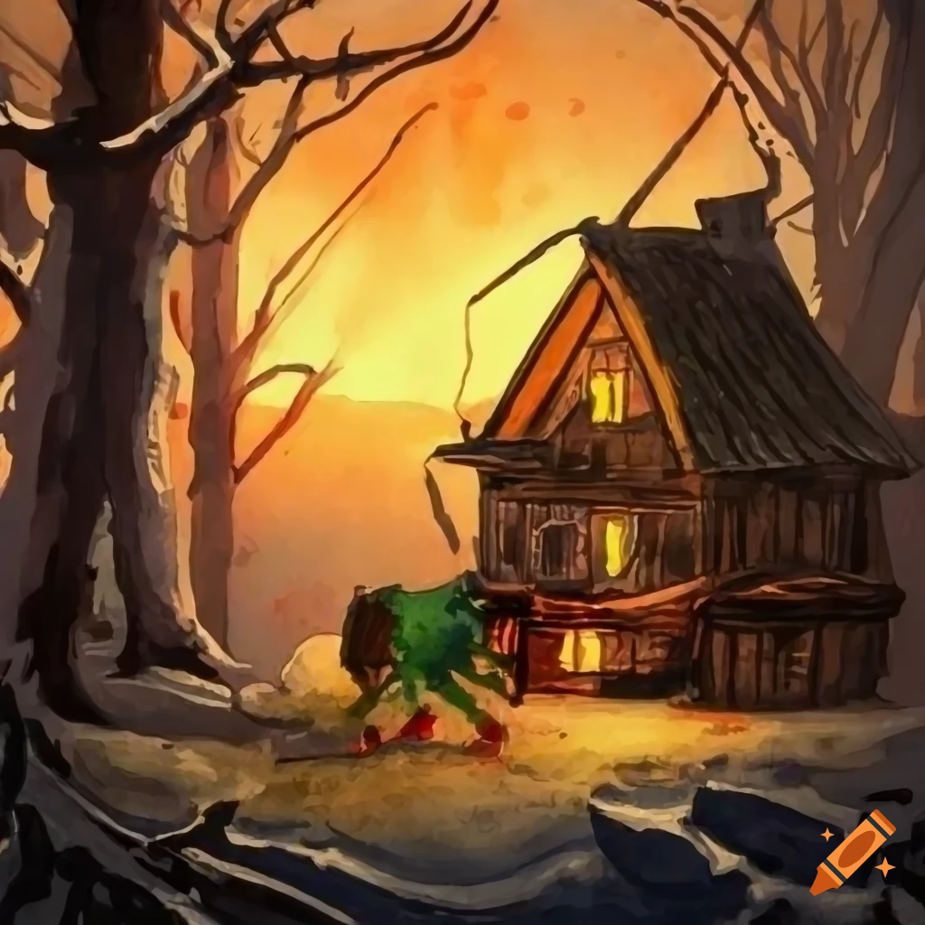 Vintage watercolor of leprechaun hiding in snowy forest at sunset with distant smoking house