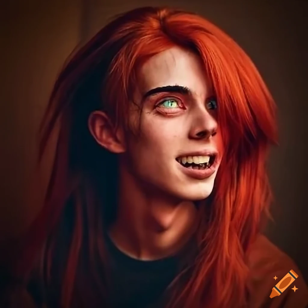 Male prankster demon with medium length red hair in a school hallway