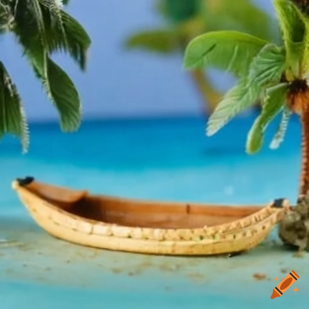Miniature beach scene with canoe and coconut trees in a diorama on Craiyon