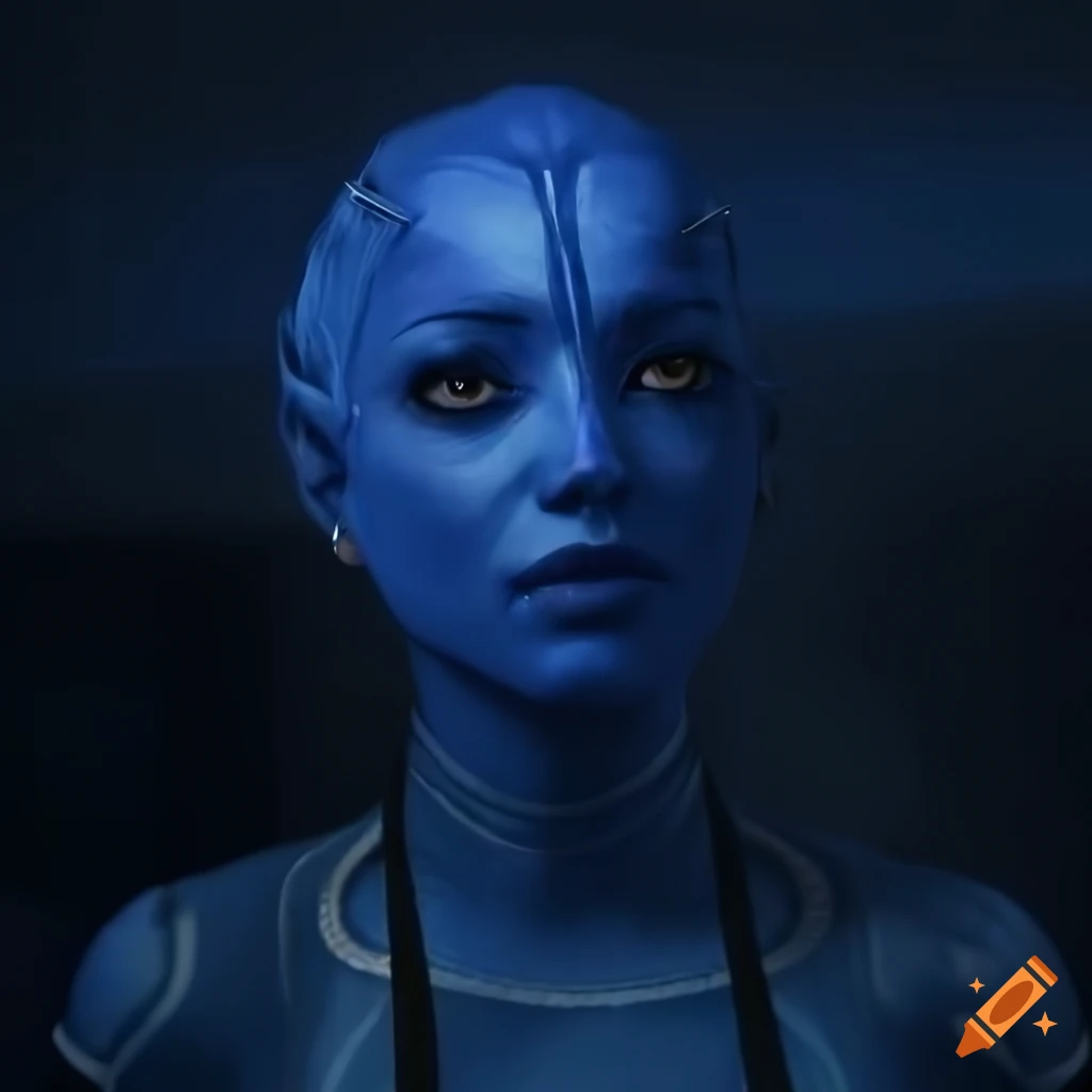 Portrait Of Asari Girl With Blue Skin And Cinematic Lighting In A Hangar On Craiyon 
