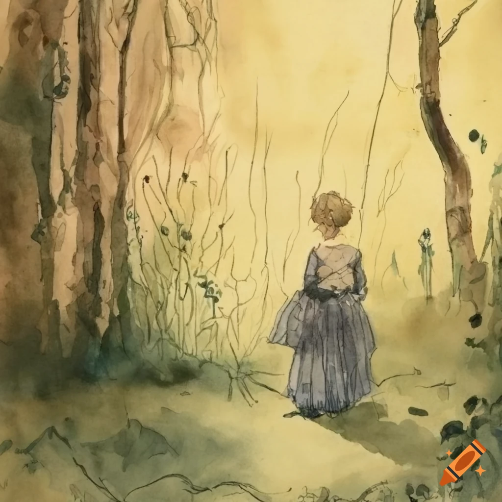 Forest floor watercolor and ink sketch in Carl Larsson style
