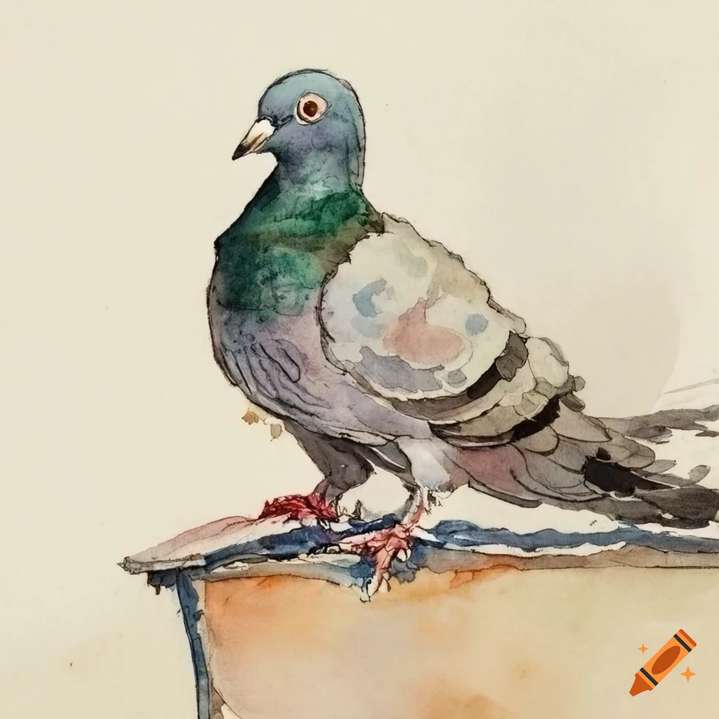Pigeon watercolor and ink sketch in the style of Carl Larsson