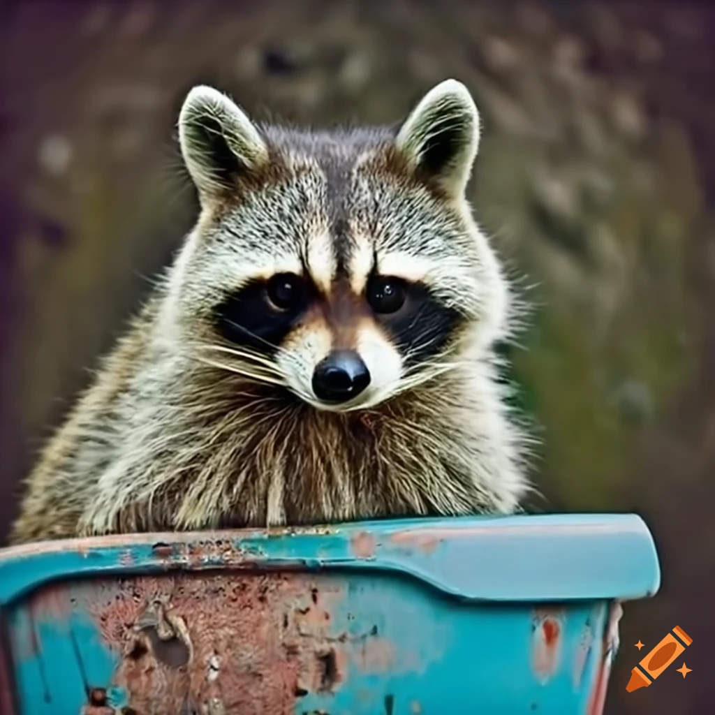 Raccoon sitting in a futuristic trashcan
