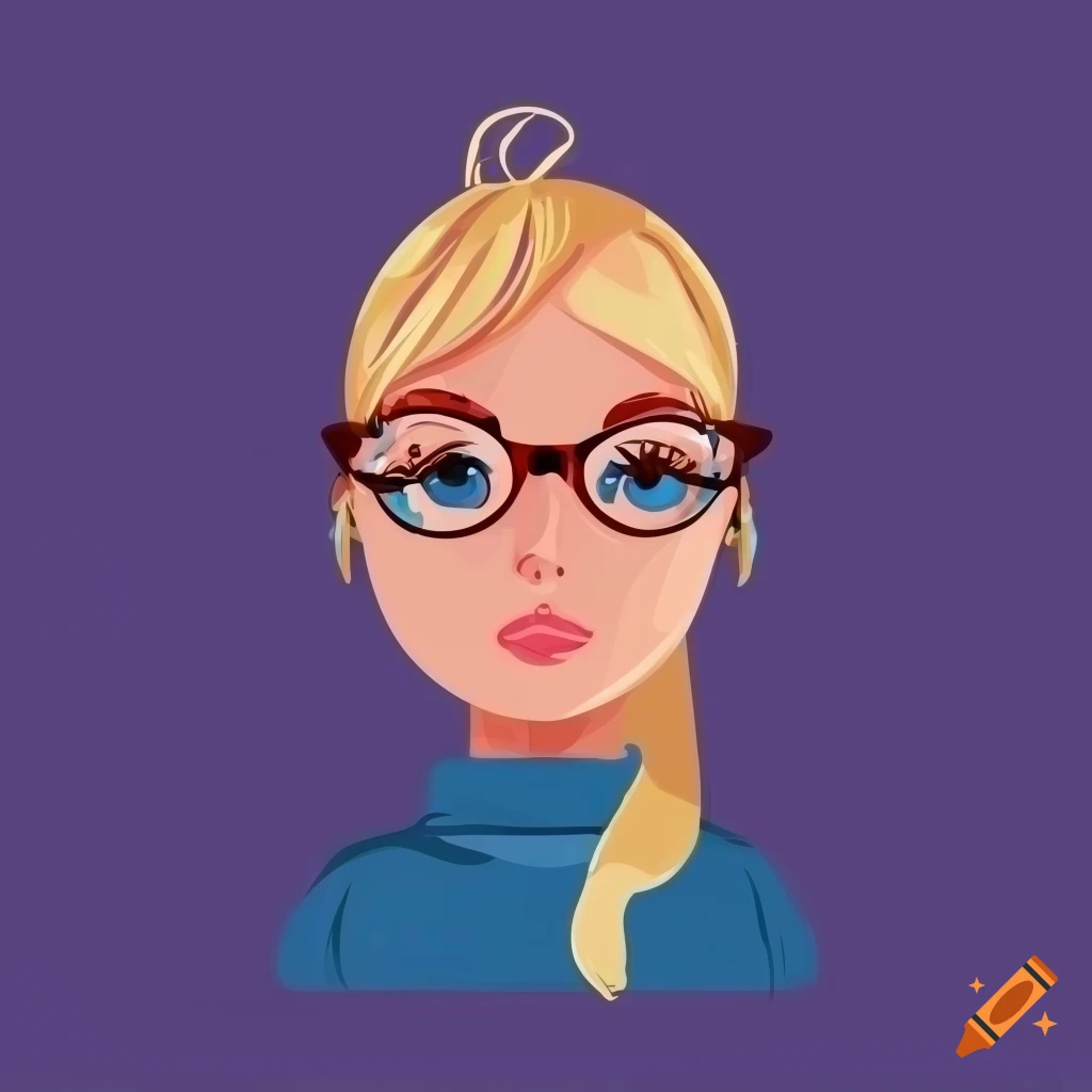 Cartoon illustration of young woman with long wavy light blonde hair, blue eyes, and round glasses