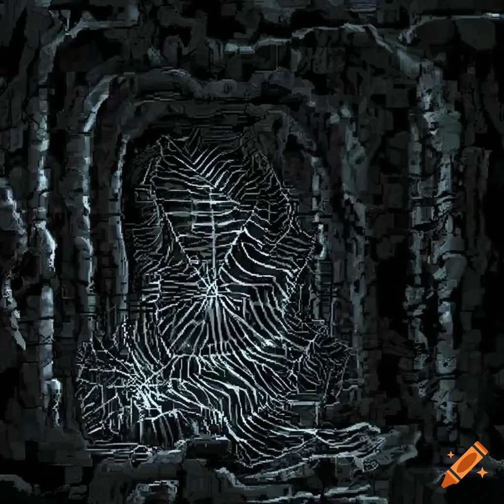 View of an underground dungeon with a massive spider web in pixel art