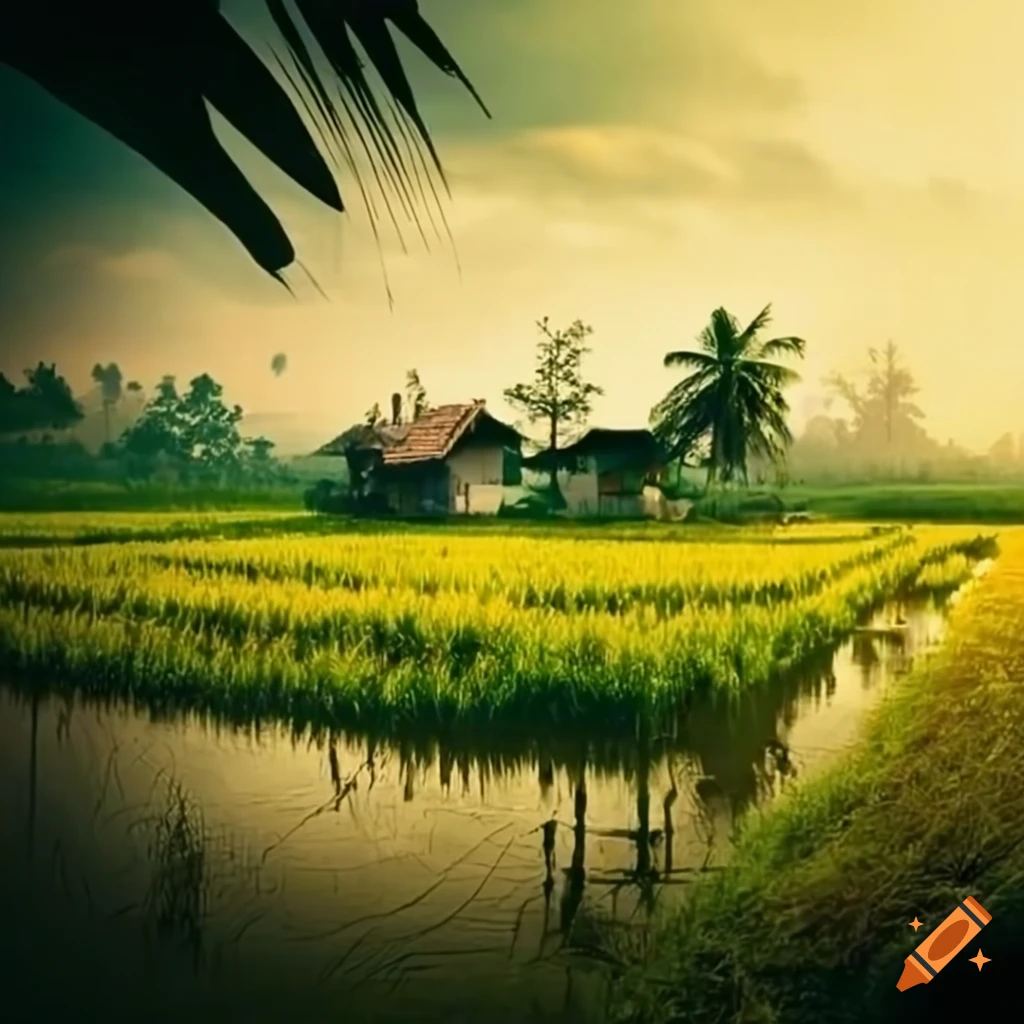 Village atmosphere with river and rice fields