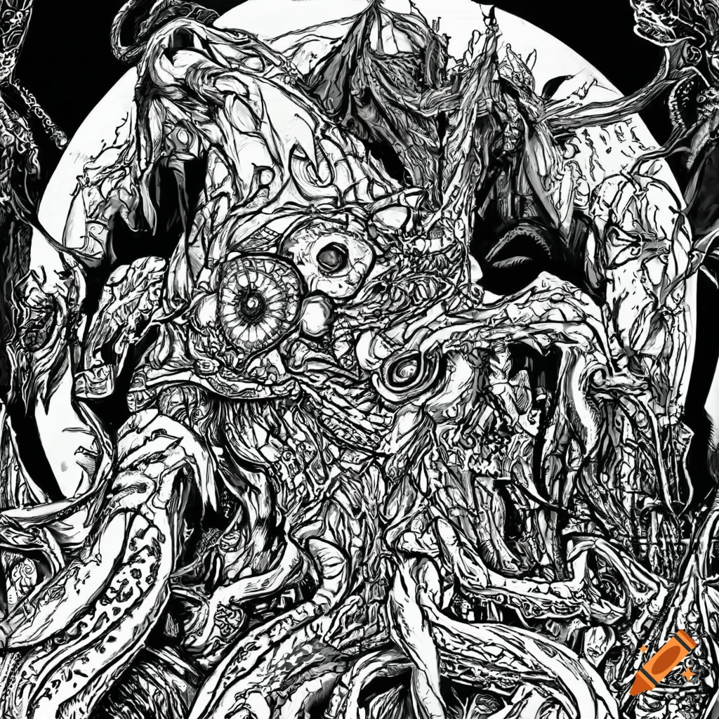 Black and white eldritch horror coloring page on Craiyon