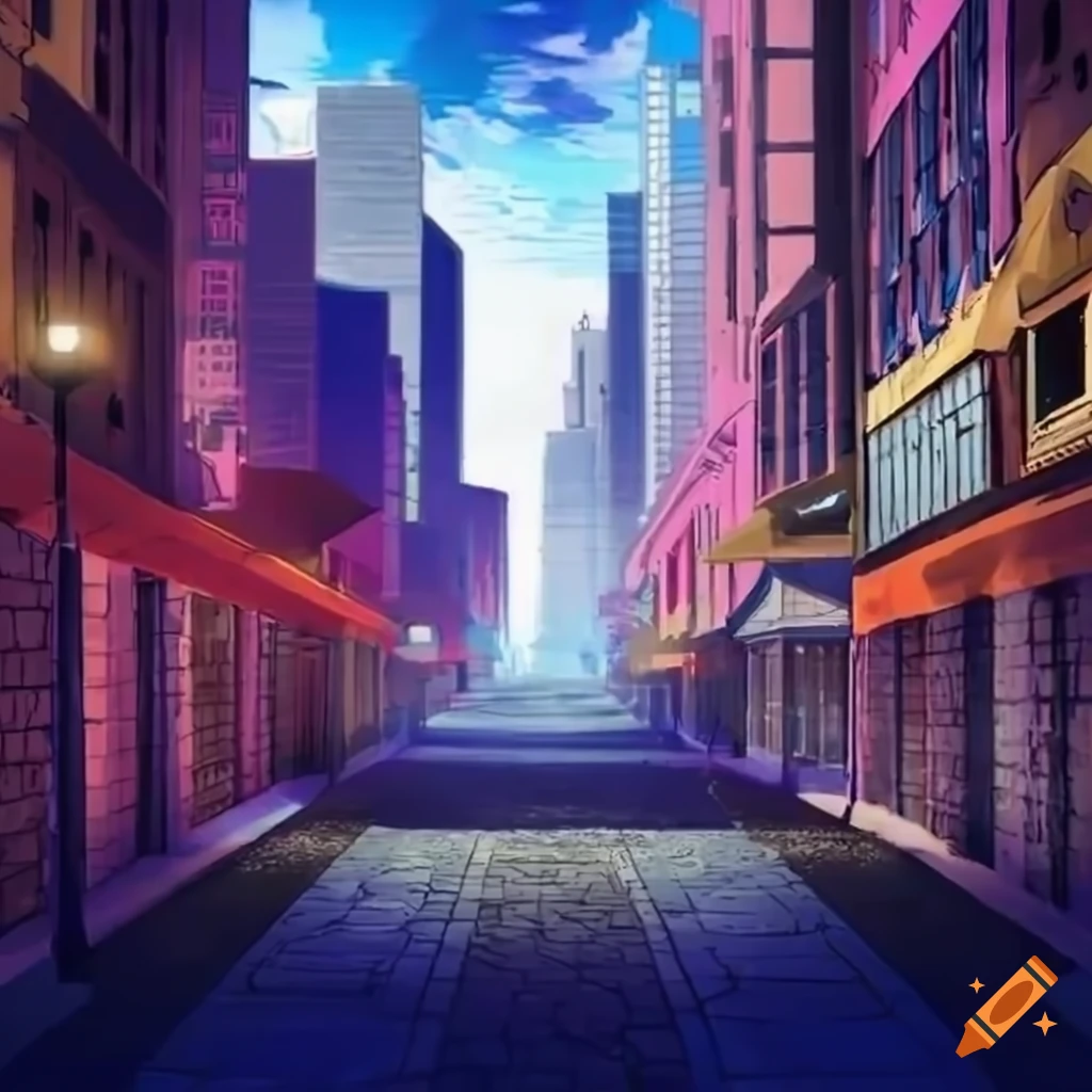 Beautiful city street sidewalk in the style of Yu-Gi-Oh