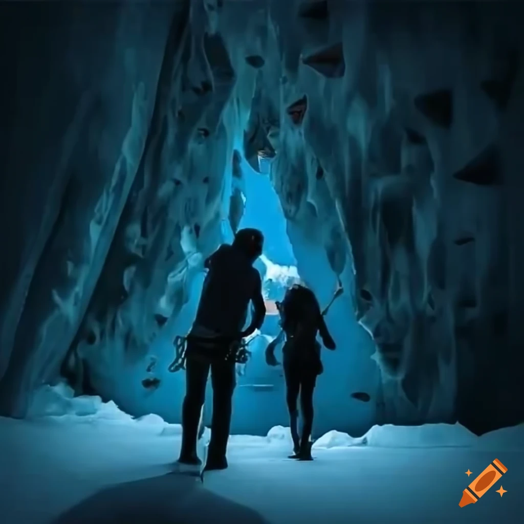 Adventurous couple climbing icy indoor wall