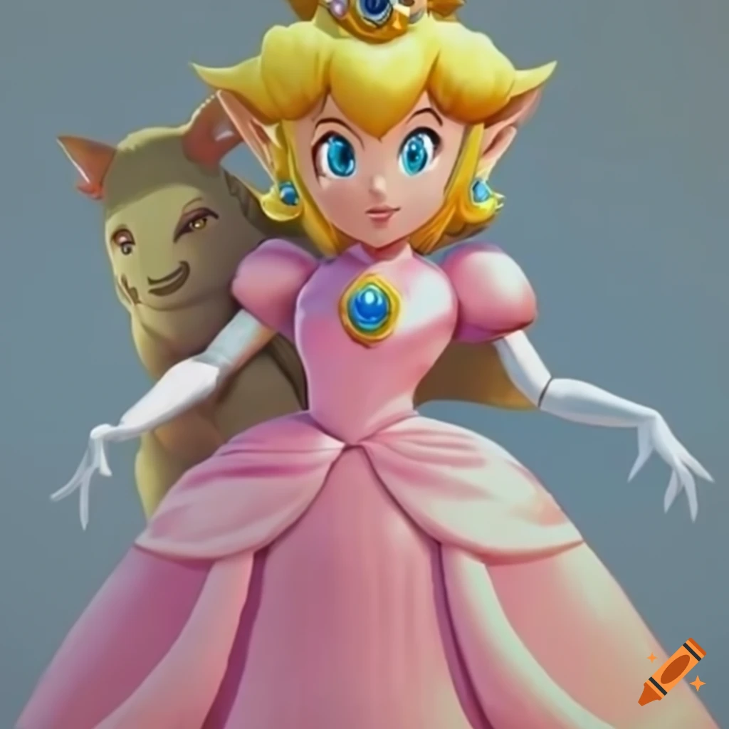 Princess Peach and Link posing together in pink silk ballgown at the palace