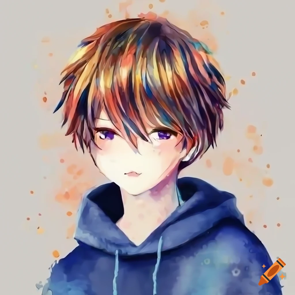 Cute anime boy with wavy short brown hair in a navy hoodie on Craiyon