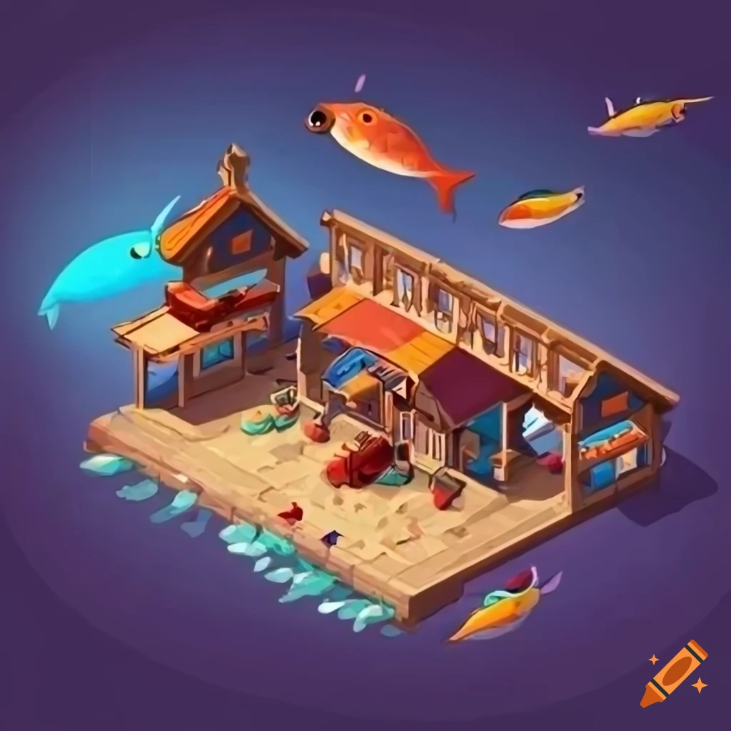 Isometric fish market town building with upgrade options on Craiyon