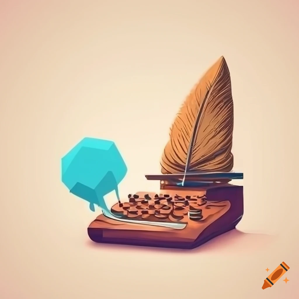 Quill pen, inkwell, word bubbles, digital marketing icons, pixels, geometric shapes, typewriter key, and paper