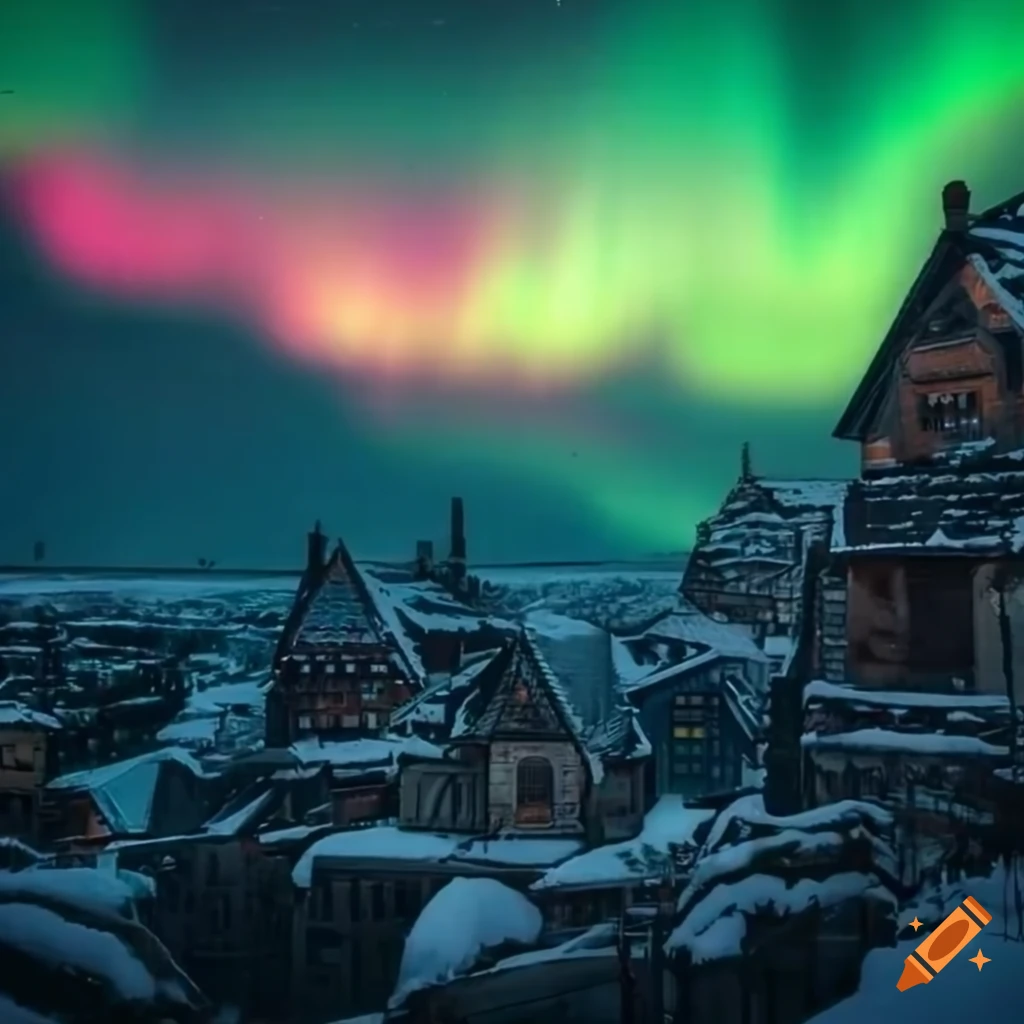 Snowy valley with steampunk village under northern lights at night