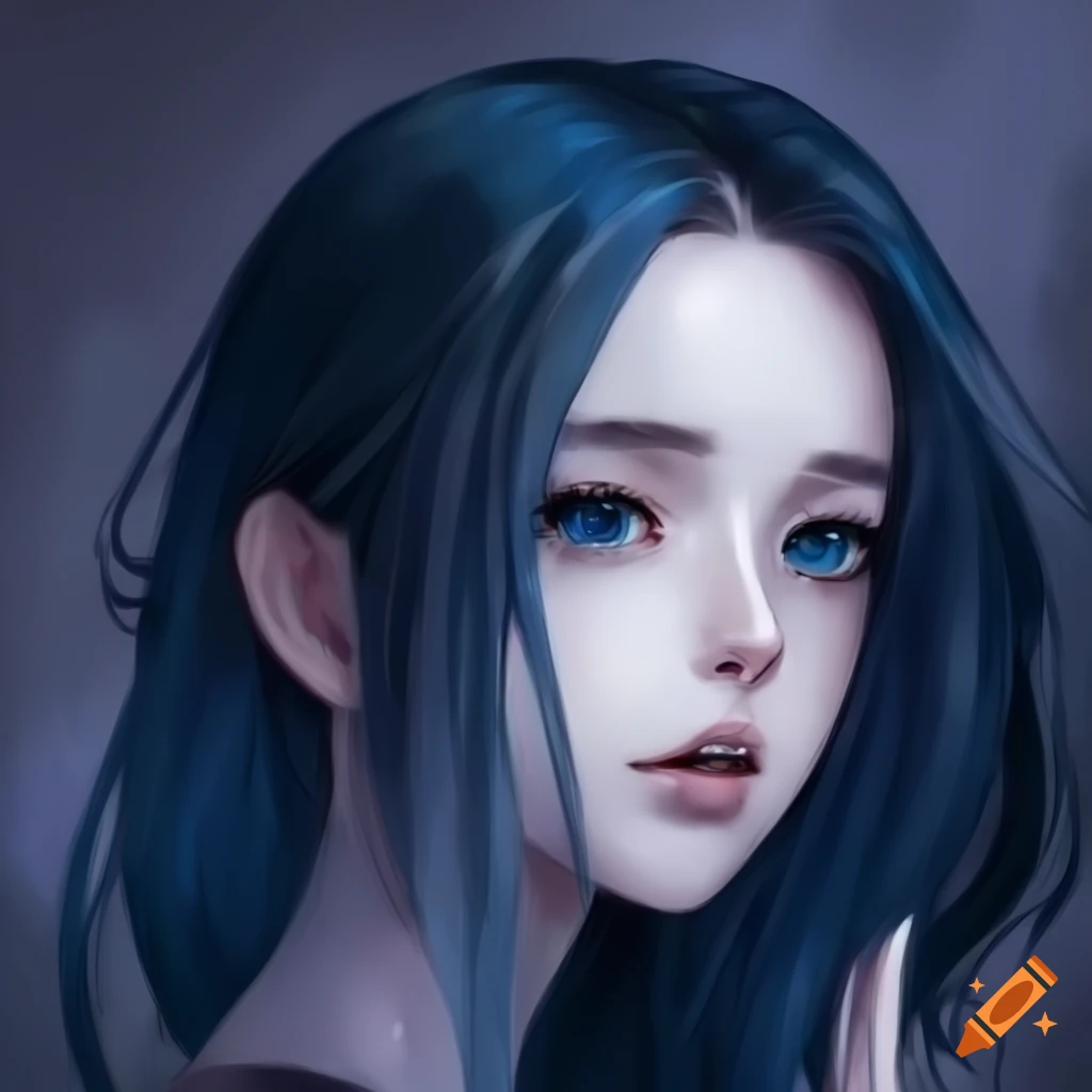 Portrait of a pretty pale girl with dark blue hair and dark eyes on Craiyon