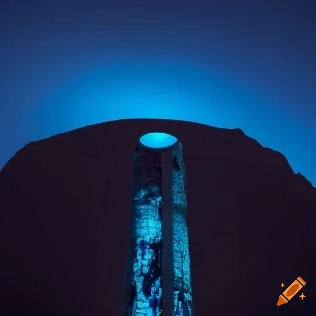 Black tower with blue glow in a canyon at night