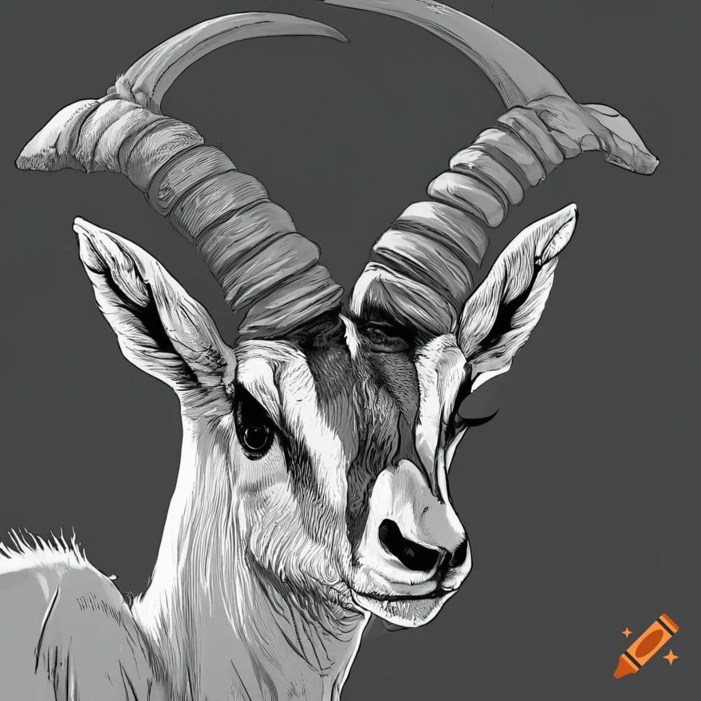 Black and white illustration of a singlehorned antelope on Craiyon